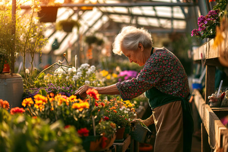 smiling senior woman farmer working in greenhouse with flowersの素材