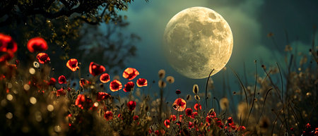 A beautiful natural landscape unfolds as a full moon gracefully ascends above a field of vibrant red flowers.の素材
