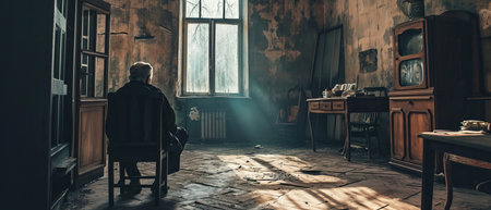 Lonely old man sitting alone in his old house, concept of loneliness in old age. High quality photoの素材