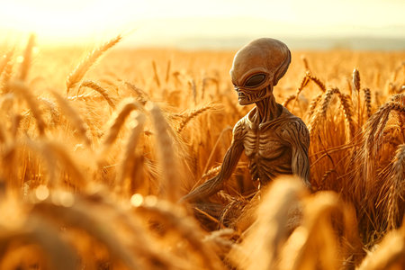 Gray alien alone in a wheat field on Earth. High quality photoの素材