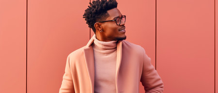 A man wearing sunglasses and a turtleneck stands by a wall, showing his style with facial hair and eyewear.の素材