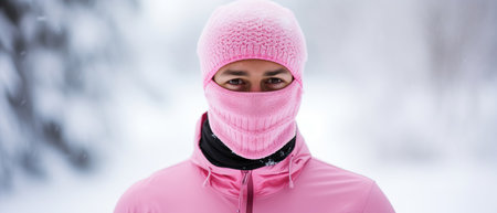 A man wearing a pink ski mask is standing in the snow. High quality photoの素材
