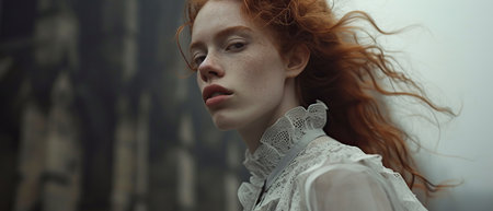 A woman donning a white dress poses gracefully in front of a majestic clock tower, creating an exquisite blend of architecture and fashion design.の素材
