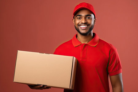 A delivery man, wearing a red T-shirt and a hat, is happily holding a cardboard box with a smile on his face.の素材