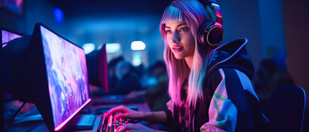 Girl gamer in headphones plays video games on PC. High quality photoの素材