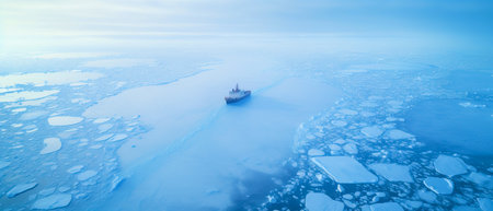 A boat glides on the frozen water, supported by the large ice mass, amidst the snowy landscape, under the vast sky.の素材