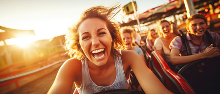 A happy group of people with smiles on their faces and hair flying are enjoying a thrilling roller coaster ride, gesturing thumbs up and sharing this exciting leisure event while traveling.の素材
