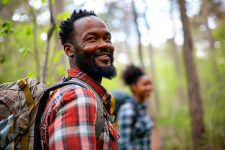 Portrait, smile and black man hiking in the forest for travel, freedom or adventureの素材