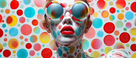 A colorful organism adorned with polka dots is sporting sunglasses, blending art, fun, and eyewear in a vibrant visual fashion.の素材