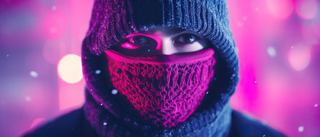 A man wearing a pink ski mask is standing in the snow. High quality photoの素材