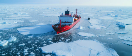 A boat glides on the frozen water, supported by the large ice mass, amidst the snowy landscape, under the vast sky.の素材