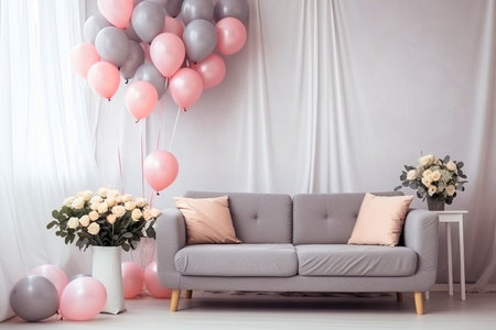 Cozy living room interior decorated with pink and gray balloons. High quality photoの素材