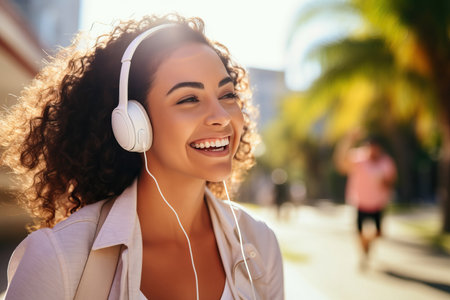 Smiling young curly woman listens to music on headphones outside. High quality photoの素材