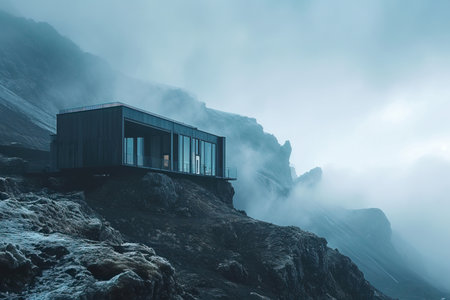 A house stands atop a rocky hill, surrounded by fog, with the sky blending into the landscape and a cloud hovering above the building's facade.の素材