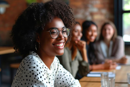 A woman with glasses, showcasing a happy smile, sits at a table with other ladies, enjoying a fun event. Vision care and eyewear are emphasized.の素材