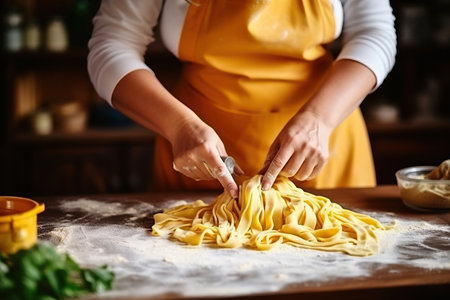 A woman dressed in a yellow apron is preparing noodles using ingredients on a wooden table, showing her culinary skills.の素材