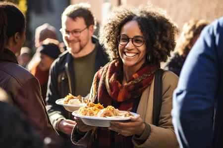 Woman sharing food on the street with homeless people, charity concept. High quality photoの素材