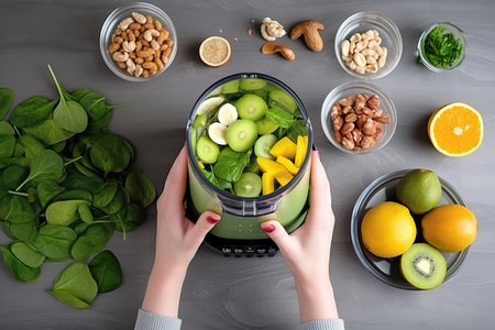 A woman is using tableware and ingredients to prepare a delicious smoothie with fruits and leaf vegetables in her kitchen blender.の素材