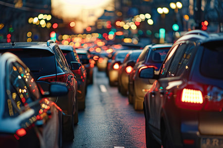 Cars stand in a city traffic jam. High quality photoの素材