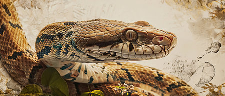 A close-up shot of a terrestrial animal, a reptile, a snake's head resting on a branch in the wild. Captivating wildlife encounter!の素材