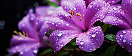 A close up of a magenta flower with water drops on its petals, a beautiful image of a terrestrial plant showing its vibrant violet shadesの素材