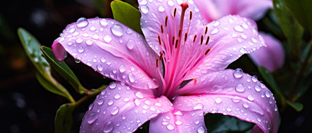 A close up of a magenta flower with water drops on its petals, a beautiful image of a terrestrial plant showing its vibrant violet shadesの素材