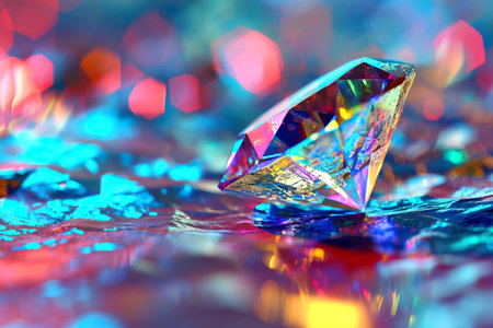 A vibrant magenta diamond-shaped liquid art piece resting on a glass table, against an electric blue blurry background. Closeup of the intricate pattern resembling a triangle in spaceの素材