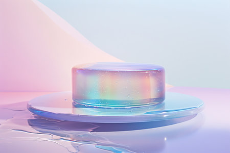 Minimalistic holographic jelly cake in neon light. High quality photoの素材