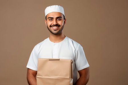 A delivery man, wearing a white T-shirt and a hat, is happily holding a cardboard box with a smile on his face.の素材