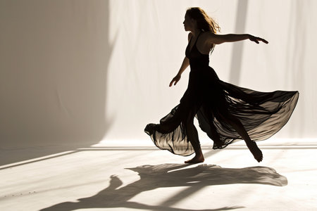 A dancer in a stylish black gown is gracefully moving across the room, adding elegance and beauty to the event with her captivating performanceの素材