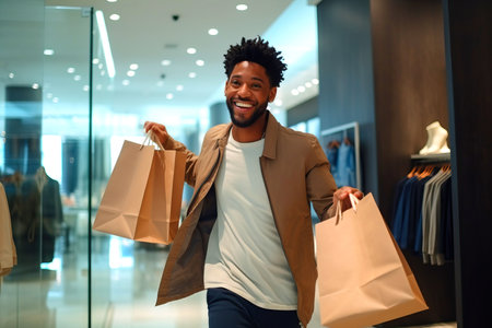 A man with a beard is smiling while holding shopping bags in a store, enjoying the fun event of shopping for fashion design and formal wearの素材