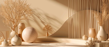 A 3D rendering of a room featuring vases, stairs, and hardwood flooring. The room is decorated with plants and wooden elements, creating a cozy and inviting atmosphereの素材