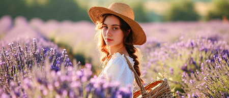A lady wearing a straw hat is happily standing in a lavender field surrounded by beautiful flowers and natural landscapesの素材