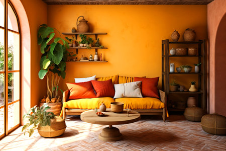 An interior design featuring a living room with a yellow couch, wooden coffee table, and houseplant on a shelf. The orange flowerpot adds a pop of color to the roomの素材