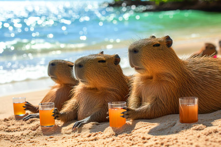 Three capybaras relax on the sandy beach, sipping on glasses of refreshing orange juice as they enjoy the beautiful natural landscapeの素材