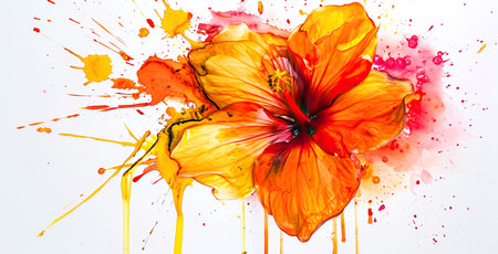 A vibrant painting featuring a yellow and red flower with detailed petals, set against a crisp white background. This creative artwork showcases the beauty of a flowering plant through art paintの素材