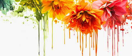 A vibrant painting featuring a yellow and red flower with detailed petals, set against a crisp white background. This creative artwork showcases the beauty of a flowering plant through art paintの素材