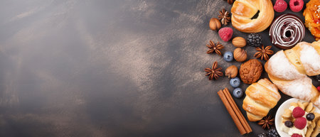 Various selectable pastries displayed on dark tableの素材