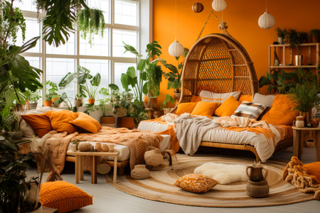 An interior design featuring a living room with a yellow couch, wooden coffee table, and houseplant on a shelf. The orange flowerpot adds a pop of color to the roomの素材