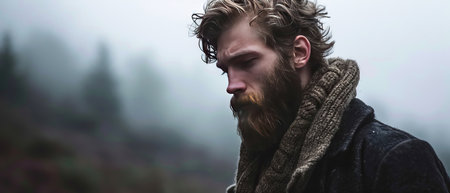 A fictional character with a jaw covered in facial hair, known for his dark and mysterious appearance, wears a scarf around his neck like a fur collar in an action film sceneの素材