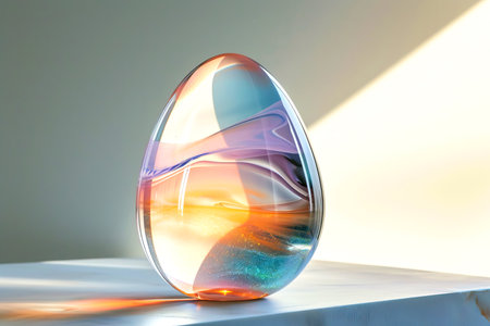 Minimalistic Easter background with glass holographic egg. High quality photoの素材