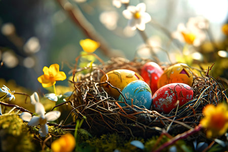 Magical concept for Easter - Easter eggs in the dark forest with beautiful lights - copy space for text. High quality photoの素材