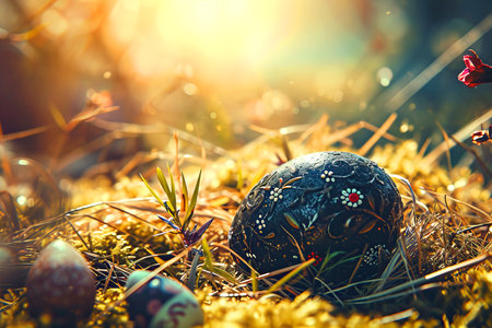 Magical concept for Easter - Easter eggs in the dark forest with beautiful lights - copy space for text. High quality photoの素材