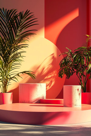 A colorful 3D rendering of a podium made of wood surrounded by geometric shapes in shades of orange, pink, and magenta, perfect for interior design or indoor games and sportsの素材