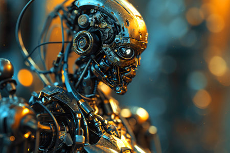 An electric blue robot with a helmet stands out against the darkness in a closeup macro photography shot, highlighting intricate patterns on its metal and glass surfacesの素材