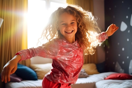 A little girl with a big smile is dancing in the living room, her purple dress flowing as she jumps in the air. The pink curtains and violet walls provide a perfect backdrop for her entertainmentの素材