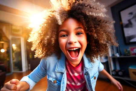 A little girl with a big smile is dancing in the living room, her purple dress flowing as she jumps in the air. The pink curtains and violet walls provide a perfect backdrop for her entertainmentの素材