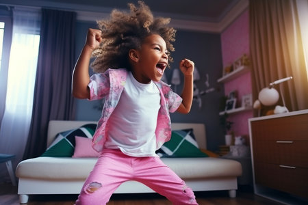A little girl with a big smile is dancing in the living room, her purple dress flowing as she jumps in the air. The pink curtains and violet walls provide a perfect backdrop for her entertainmentの素材
