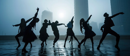 A crowd is entertained by a group performing a dance in front of a city skyline, creating shadows and sharing the fun at the eventの素材