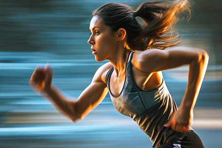 A woman is joyfully running along a city street at night, filled with excitement from a sports event. The flash photography illuminates her path as she finds balance and fun in the bustling cityの素材